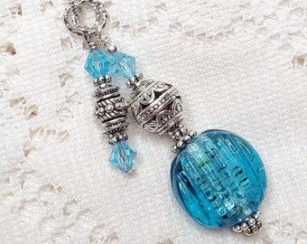 Purse charm, Handbag charm, Backpack charm, Bookbag charm, teal blue and silver accent charm, teal blue zipper pull, lampwork beaded accent