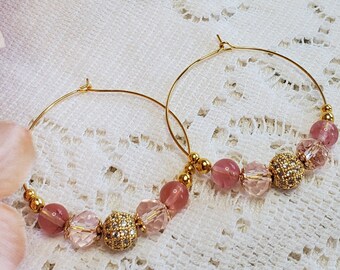 Coral and gold hoop earrings, Beaded hoop earrings, Gold hoop earrings, Coral peach earrings