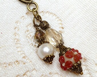 Purse charm, Handbag charm, lampwork bead charm, red accent charm, flower zipper pull, tassel charm, red antique gold charm