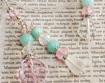 Beaded bookmark, Book thong, Book jewelry, Bookish gift, Reader gift, Book bling, aqua pink and silver, aqua quartz