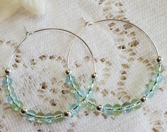 Hoop earrings, Beaded hoop earrings, Women's jewelry, silver hoop earrings, green and blue