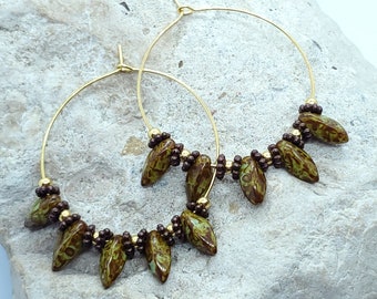 Czech glass hoop earrings, Beaded hoop earrings, Women's jewelry, gold hoop earrings, olive and brown earrings