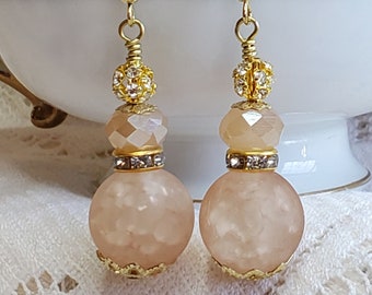 Dangle earrings, Beige crystals with gold, Women's jewelry, Fashion jewelry, drop earrings