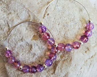 Hoop earrings, Beaded hoop earrings, Women's jewelry, silver hoop earrings, purple wine earrings