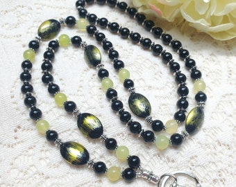 Lanyard, Beaded Lanyard, ID badge, Key fob, Badge necklace, Glossy black and green with silver accent, Teacher nurse and office worker badge