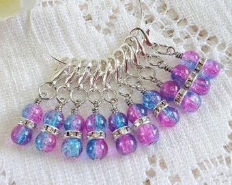 Crochet stitch markers, set of 10, place markers, crochet tools, pink and turquoise lampwork glass beads