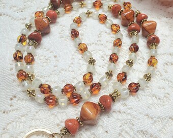 Lanyard, Beaded Lanyard, ID badge, Key fob, Badge necklace, Rusty orange and cream with gold accents, Teacher nurse and office worker badge
