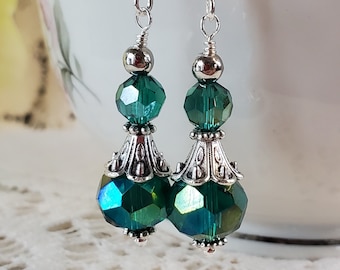 Dangle earrings, dark teal iridescent crystals with silver, Women's jewelry, Fashion jewelry, drop earrings