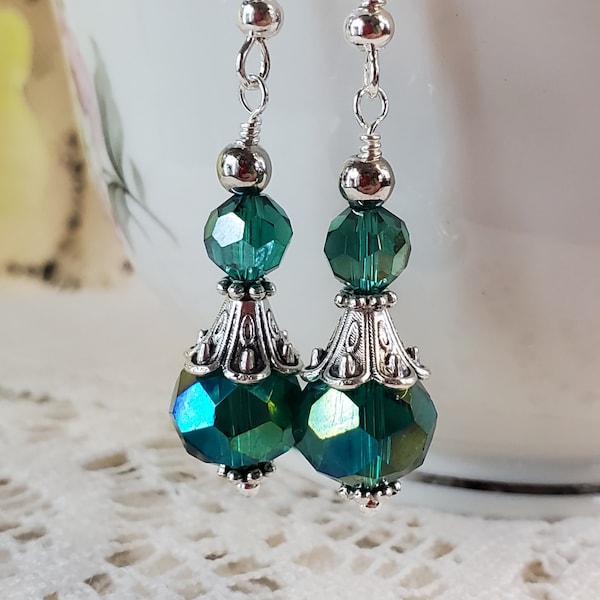 Dangle earrings, dark teal iridescent crystals with silver, Women's jewelry, Fashion jewelry, drop earrings