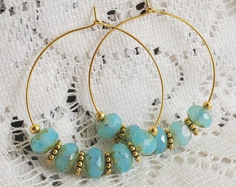 Aqua czech glass and gold hoop earrings, Beaded hoop earrings, Gold hoop earrings, aqua blue earrings