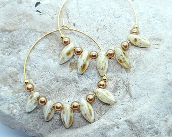 Czech glass hoop earrings, Beaded hoop earrings, Women's jewelry, gold hoop earrings, ivory czech glass earrings