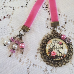 Beautiful velvet ribbon bookmark, Book thong, Book jewelry, Book gift, Reader gift, Bling, Pink and antique gold with lovely bird cabochon