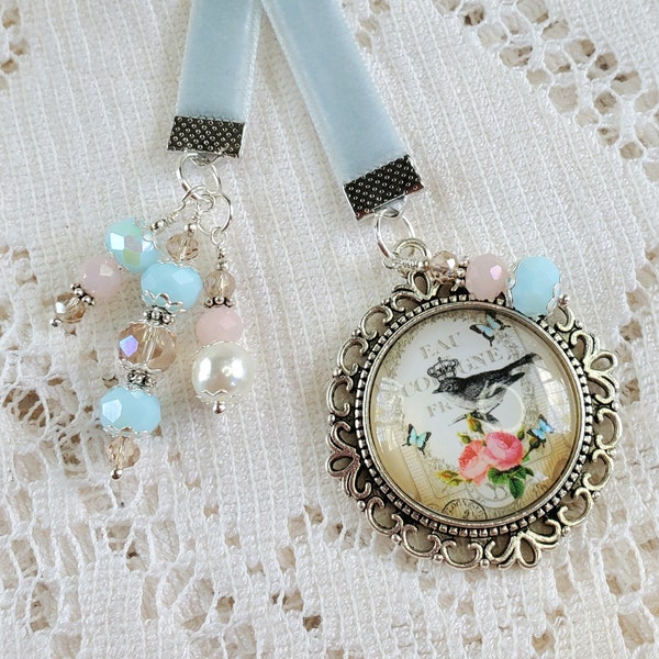 Beautiful velvet ribbon bookmark, Book thong, Book jewelry, Bookish gift, Reader gift, Book bling, blue pink and silver with bird cabochon