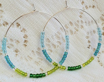 Hoop earrings, Beaded hoop earrings, Women's jewelry, silver hoop earrings, green and turquoise