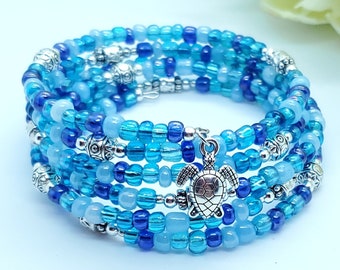 Ocean blue memory wire bracelet, 5 coil wrap bracelet, stack cuff bracelet, beaded memory wire turtle bracelet