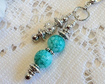 Purse charm, Handbag charm, Backpack charm, Bookbag charm, teal and silver accent charm, teal blue and silver zipper pull