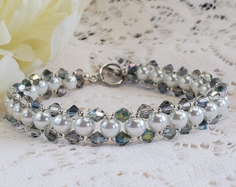 Lovely pearl and smokey crystal tennis bracelet, womens bracelet, womens jewelry, single strand bracelet, pearl gray and silver