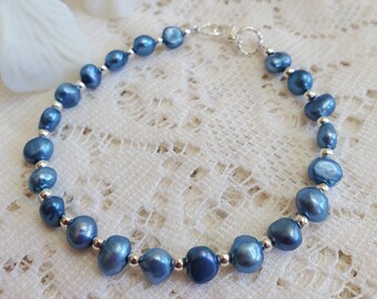 Blue fresh water pearl and silver bracelet, beaded bracelet, womens bracelet, womens jewelry, single strand bracelet, pearl and silver