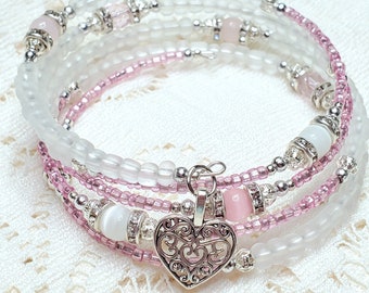 Frosty pink cat eye memory wire bracelet, 5 coil wrap bracelet, stack cuff bracelet, beaded memory wire heart bracelet