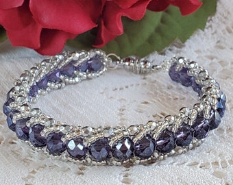 Sparkling spiral amethyst bracelet, handbeaded bracelet, womens bracelet, womens jewelry, beaded bracelet, amethyst purple and silver