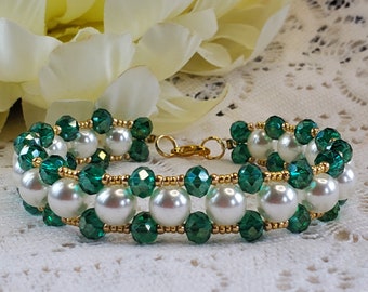 Lovely pearl and green crystal tennis bracelet, womens bracelet, womens jewelry, single strand bracelet, pearl green and gold