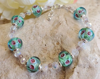 Lampwork beaded bracelet, womens bracelet, womens jewelry, single strand bracelet, aqua and rose lampwork beads with silver