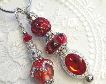 Beaded Purse charm, Handbag charm, Backpack charm, Bookbag charm, red accent charm, red and silver purse charm, keychain
