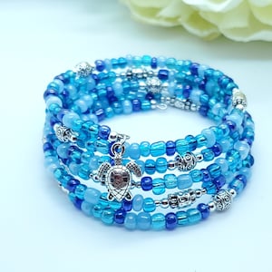 Ocean blue memory wire bracelet, 5 coil wrap bracelet, stack cuff bracelet, beaded memory wire turtle bracelet image 2
