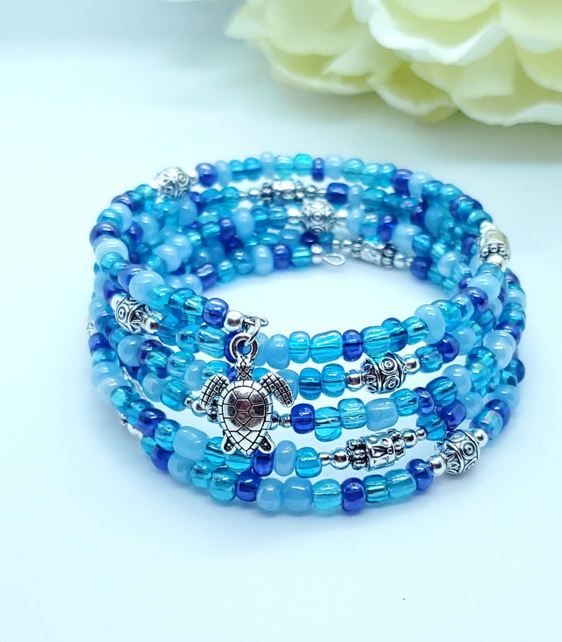 Ocean blue memory wire bracelet, 5 coil wrap bracelet, stack cuff bracelet, beaded memory wire turtle bracelet image 2