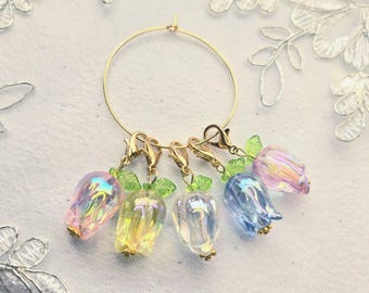 Crochet stitch markers, set of 5, place markers, crochet tools, stitch counter, pastel flower charms, Tulip stitch markers