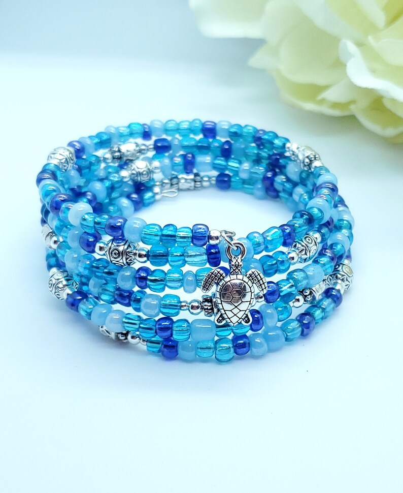 Ocean blue memory wire bracelet, 5 coil wrap bracelet, stack cuff bracelet, beaded memory wire turtle bracelet image 3