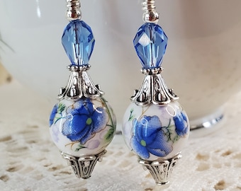 Dangle earrings, Blue and white with silver, Women's jewelry, Fashion jewelry, drop earrings, floral earrings, french country charm