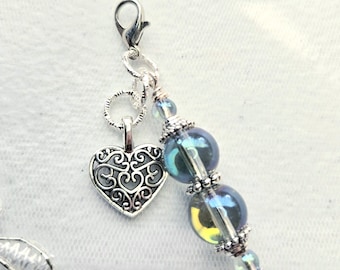 Purse charm, Handbag charm, Backpack charm, Bookbag charm, aurora borealis and silver accent charm, gray zipper pull, silver heart charm