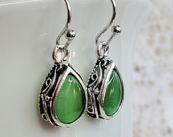 Green cat eye dangle earrings, Women's jewelry, green and silver earrings, Women teen earrings