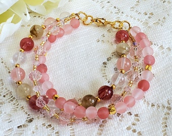 Triple strand beaded bracelet, chalcedony stones , womens bracelet, womens jewelry, natural stone bracelet, coral salmon and gold