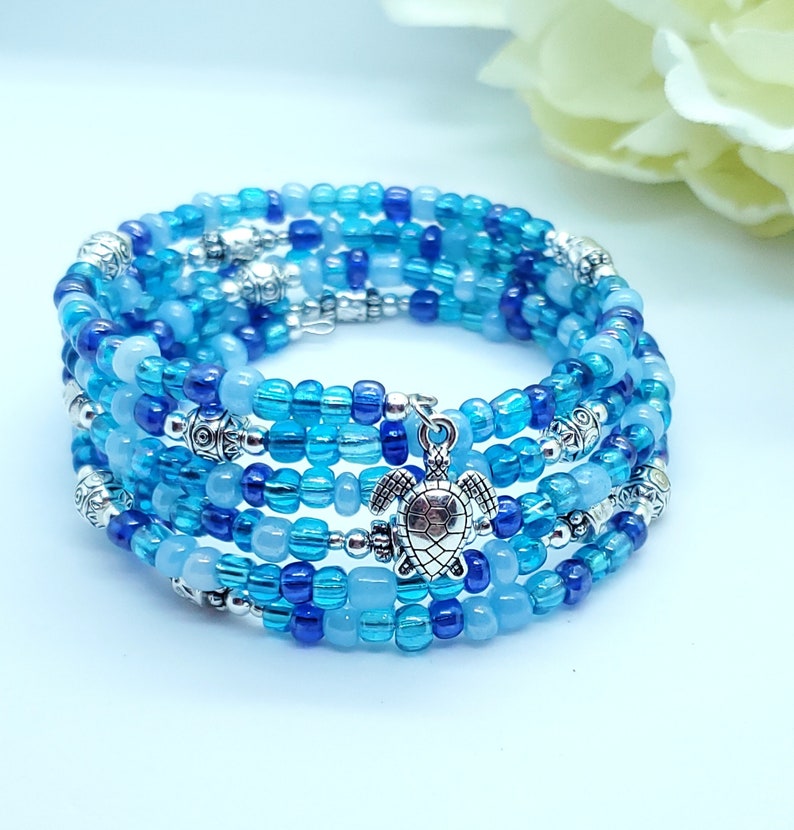 Ocean blue memory wire bracelet, 5 coil wrap bracelet, stack cuff bracelet, beaded memory wire turtle bracelet image 1