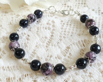 Sparkling sand stone and purple bracelet, natural stone bracelet, womens bracelet, womens jewelry, beaded bracelet, black purple and silver