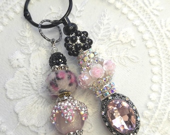Beaded Purse charm, Handbag charm, Backpack charm, Bookbag charm, pink accent charm, pink black and silver purse charm, keychain.