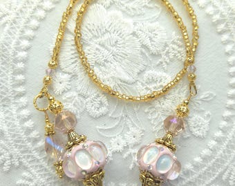 Beaded bookmark, Book thong, Book jewelry, Bookish gift, Reader gift, Book bling, pink with gold bookmark, Indonesia beads, iridescent