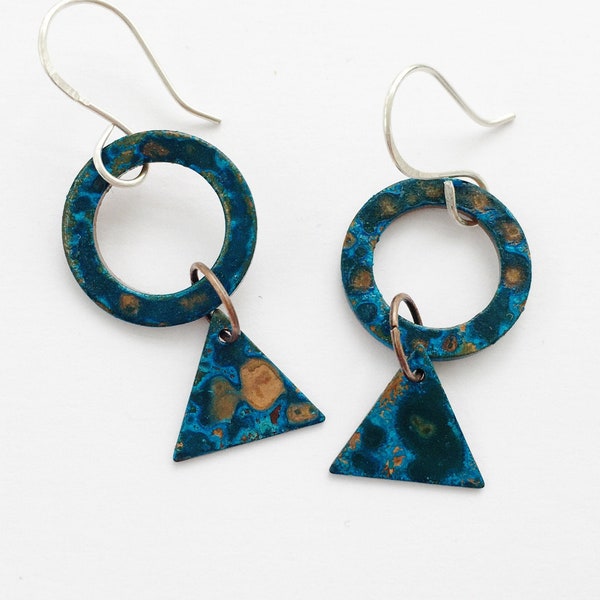 Unique Blue Patinated Copper Washer & Triangle, Handcrafted Boho Earrings, Plus Handcrafted Sterling Silver Earwires, Drop 4.2cm