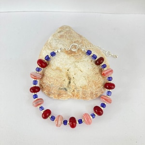 Artisan Glass Bracelet, A Beautiful  Mix of Berry Red, Pink Stripes & Blue Glass Beads, Length 17cm Plus 4cm Extension Chain