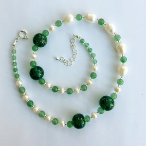 Necklace: Artisan Made Speckled Green Glass Beads, Freshwater Pearls, Semi Precious Green Aventurine, Length 49cm, Adjustable