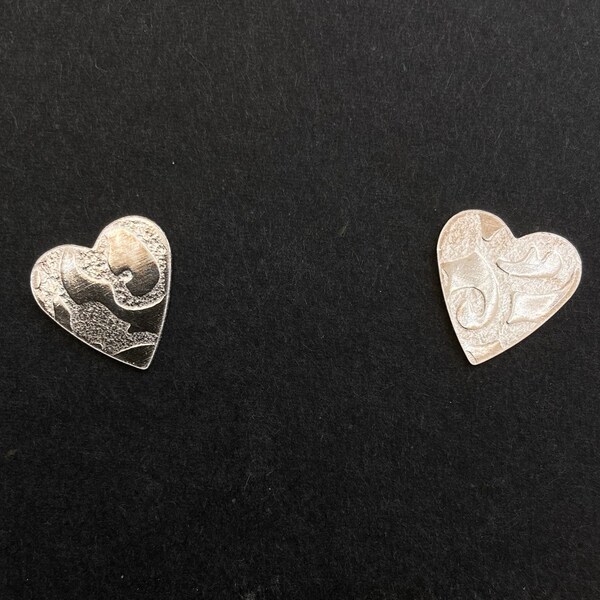 Sweet Heart Sterling Silver, Stud Earrings, Handcrafted Textured Swirls, Small Hearts 1.1cm wide x 1.2cm length