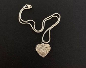 Heart Pendant, Sterling Silver, Handcrafted Swirly Texture, Sterling Silver 16" Snake Chain,