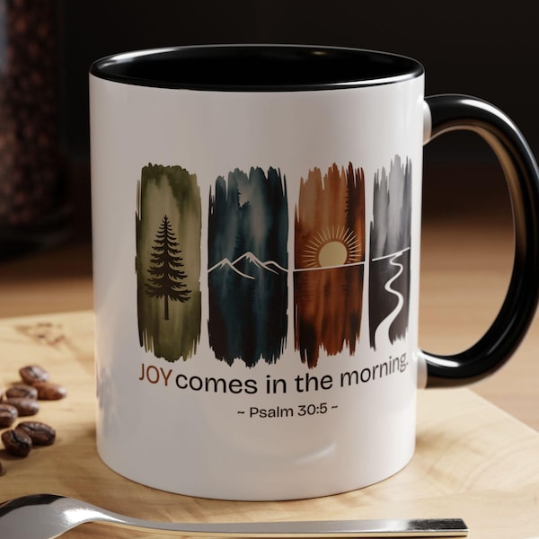 Verset biblique (Psaume 30:5), cadeau d'encouragement chrétien, tasse à café confessionnelle ; Tasse avec écriture sainte nature ; Cadeau pour hommes chrétiens amateurs de plein air
