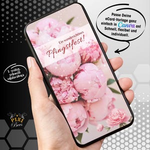 Peonías – Tarjeta electrónica, tarjeta de felicitación digital para Pentecostés, plantilla personalizable de Canva, descarga instantánea (también en formato jpg para envío inmediato)