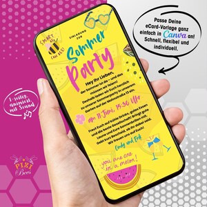 Könnte beinhalten: Eine gelbe und rosafarbene digitale Einladung zu einer Sommerparty. Die Einladung zeigt eine Cartoon-Biene, Sonnenbrillen und eine Wassermelone. Der Text auf der Einladung lautet "Sommerparty" und enthält das Datum und die Uhrzeit der Party. Die Einladung enthält auch den Text "You are one in a melon!" und "Passe Deine eCard-Vorlage ganz einfach in Canva an! Schnell, flexibel und individuell."