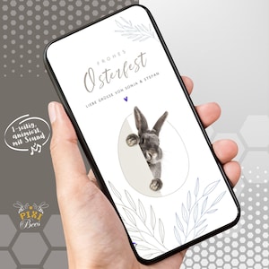 Conejito de Pascua con pájaro: tarjeta electrónica, tarjeta de felicitación digital de Pascua, MP4 animado con sonido, plantilla Canva personalizable, descarga instantánea