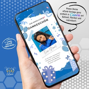 May include: A smartphone displaying a digital greeting card with a photo and text. The card features a blue and white design with the words "EIN HERZLICHES DANKESCHÖN" and "Eure [Name]" in German. The phone is held in a hand.