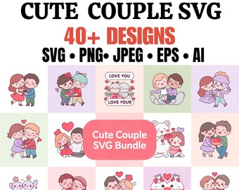 Valentine’s Day Cute Couple SVG Bundle | 40+ Love Doodle Line Art Designs for T-Shirts, Mugs & Stickers | Cricut Cut Files